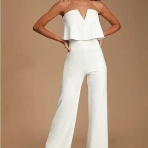 Lulu's Cream Strapless Jumpsuit with V-Neckline